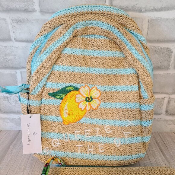 Vera Bradley Lemon Grove Pattern Straw Backpack Zippered Pouch *retired NWT main image 10